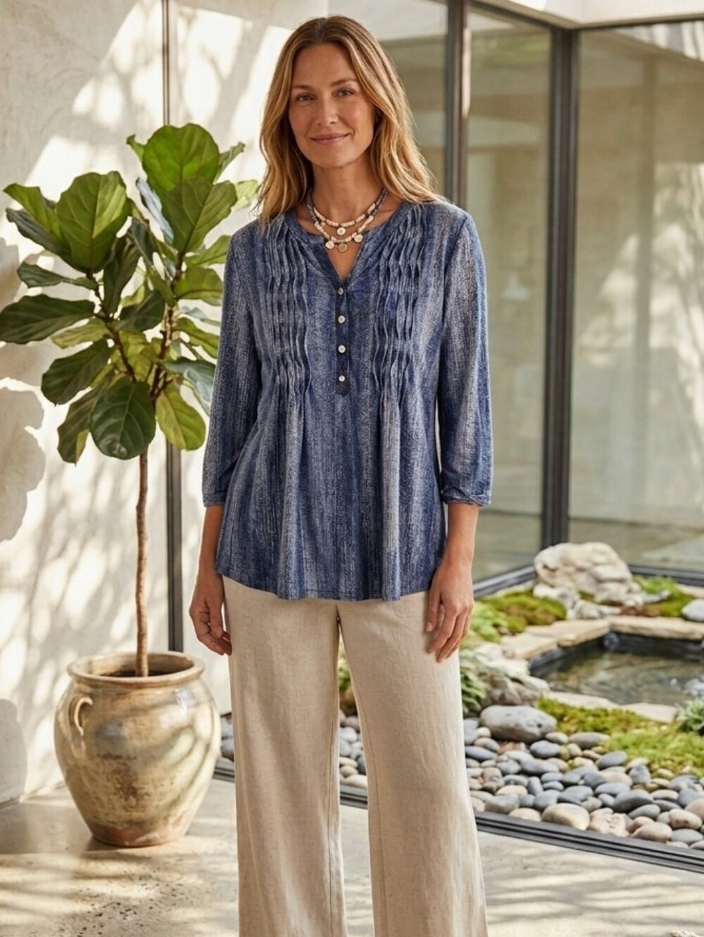 Women’s Blue Pintuck Henley Button-Front Tunic Top Boho Chic Med